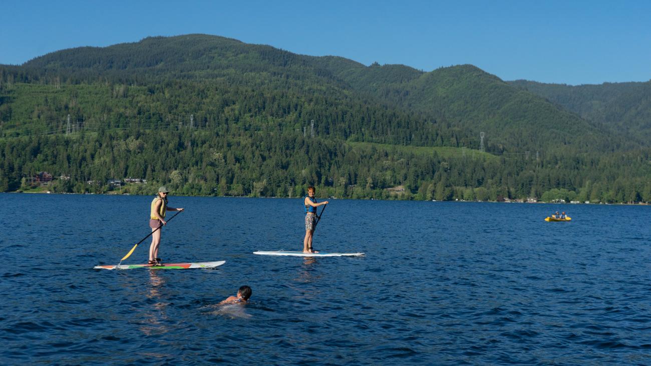 two people paddle boarding on a lake, with forest covered mountains in the background