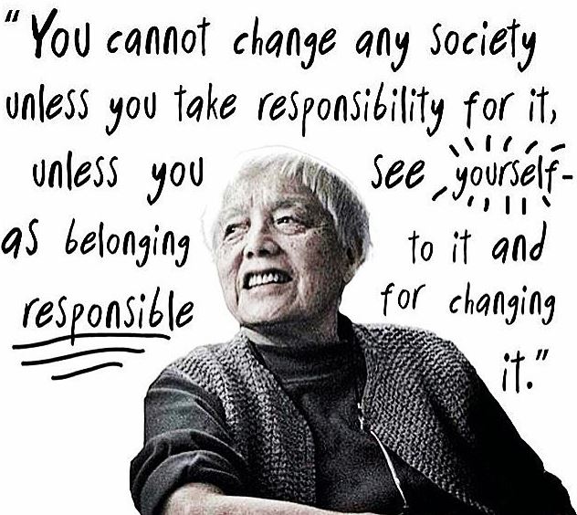 You cannot change any society unless you take responsibility for it, unless you see yourself as belonging to it and responsible for changing it. Grace Lee Boggs